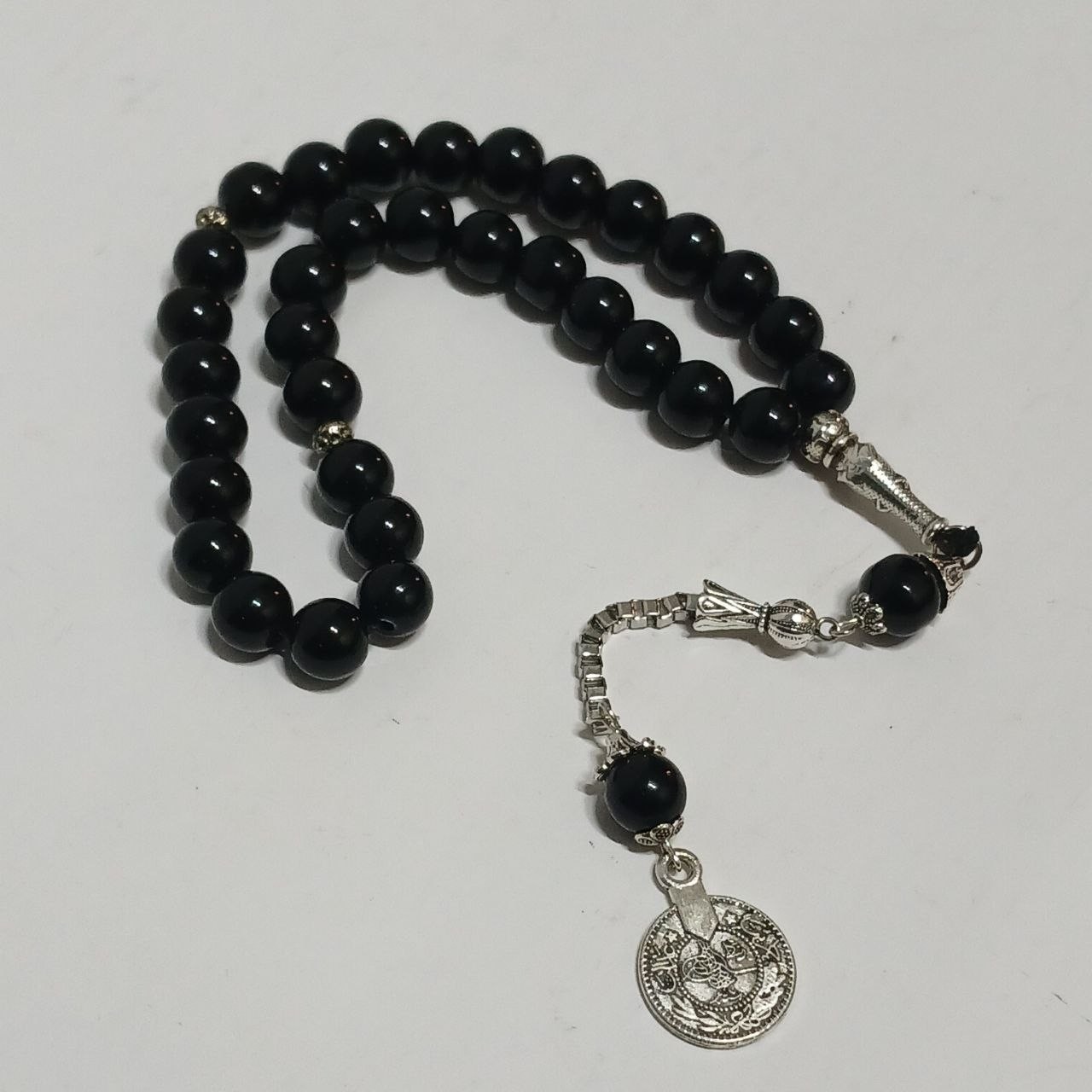 Black 33-Bead Tasbih With Silver Pendant, Elegant Islamic Gift, Prayer Beads Set