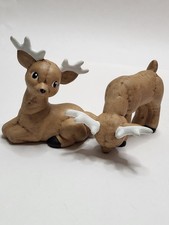 2 Ceramic Hand Painted Brown Reindeer Eating  Laying Down Christmas Shelf Decor