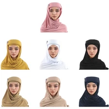 Womens Solid Color Sponge Headscarf Cap Set Muslim Scarf Head Wraps w/Brooch