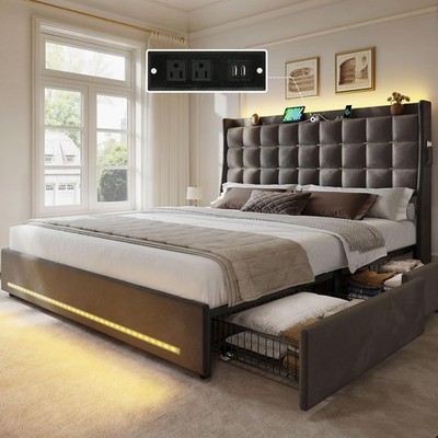 Queen Size Bed Frame with 4 Drawers and RGB LED Lights, Velvet Upholstered 