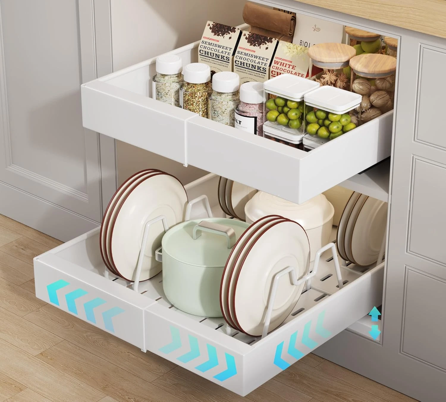 Pull Out Cabinet Organizer 21" Deep, Expandable Slide Out Drawers, 2 Pack