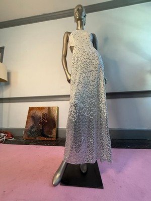 Cache White Sequin Open Back Formal Gown Dress Size 6 Altered Prom Gala Evening