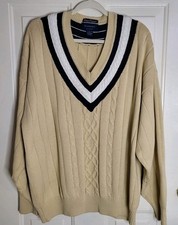 Vtg Gant Rugger Sweater Men XL Tan Navy Pullover V Neck Cable 100 Cotton Preppy