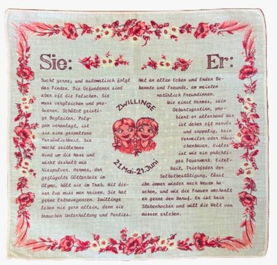 Unused 60s/70s Vtg. German Zodiac Horoscope Hanky ZWILLINGE Gemini Twins EXC