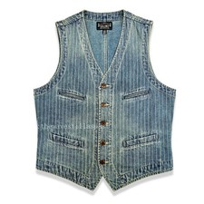Men's Denim Stripe Work Vest Vintage Casual Pockets Waistcoat Distressed Coat