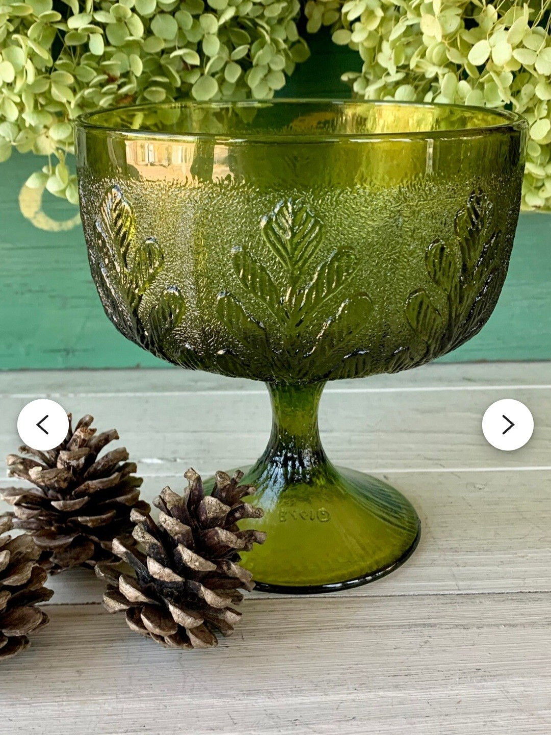 Vintage 1978 FTD Avocado Green Glass Oak Leaf Pedestal Planter Bowl