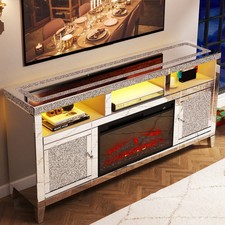 Mirrored Fireplace TV Stand Crush Diamond Entertainment Center for 65+ inch TV