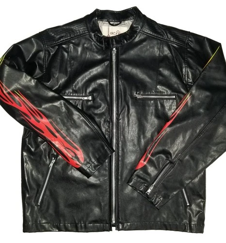BC Ethic Faux Leather Jacket Vintage 90s Black Fire Flame Sleeves Mens LG image 11