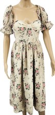 Cottagecore Floral Puff Sleeve Midi Dress Size Regular S Beige Cotton