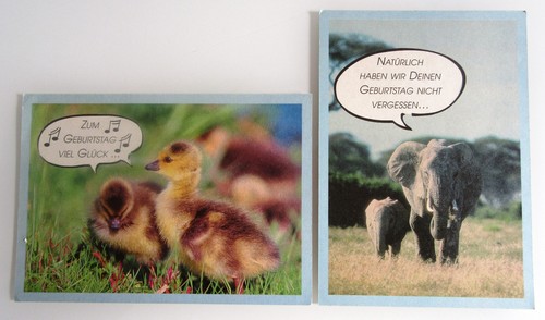 Postkarten Lot 2 x GEBURTSTAG Glückwunsch-Karten mit Tieren (Enten, Elefanten)