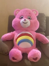 Cheer Bear Care Bears Plush Rainbow Tummy Pink Teddy Bear Stuffed Animal 24”x12”