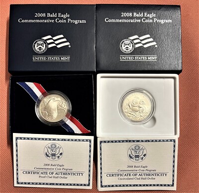 2008-S U.S. BALD EAGLE COMMEMORATIVE PROOF AND UNCIRCULATED HALF DOLLAR, 2 COINS
