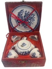VIintage miniture blue  white porcelain china tea set silk box