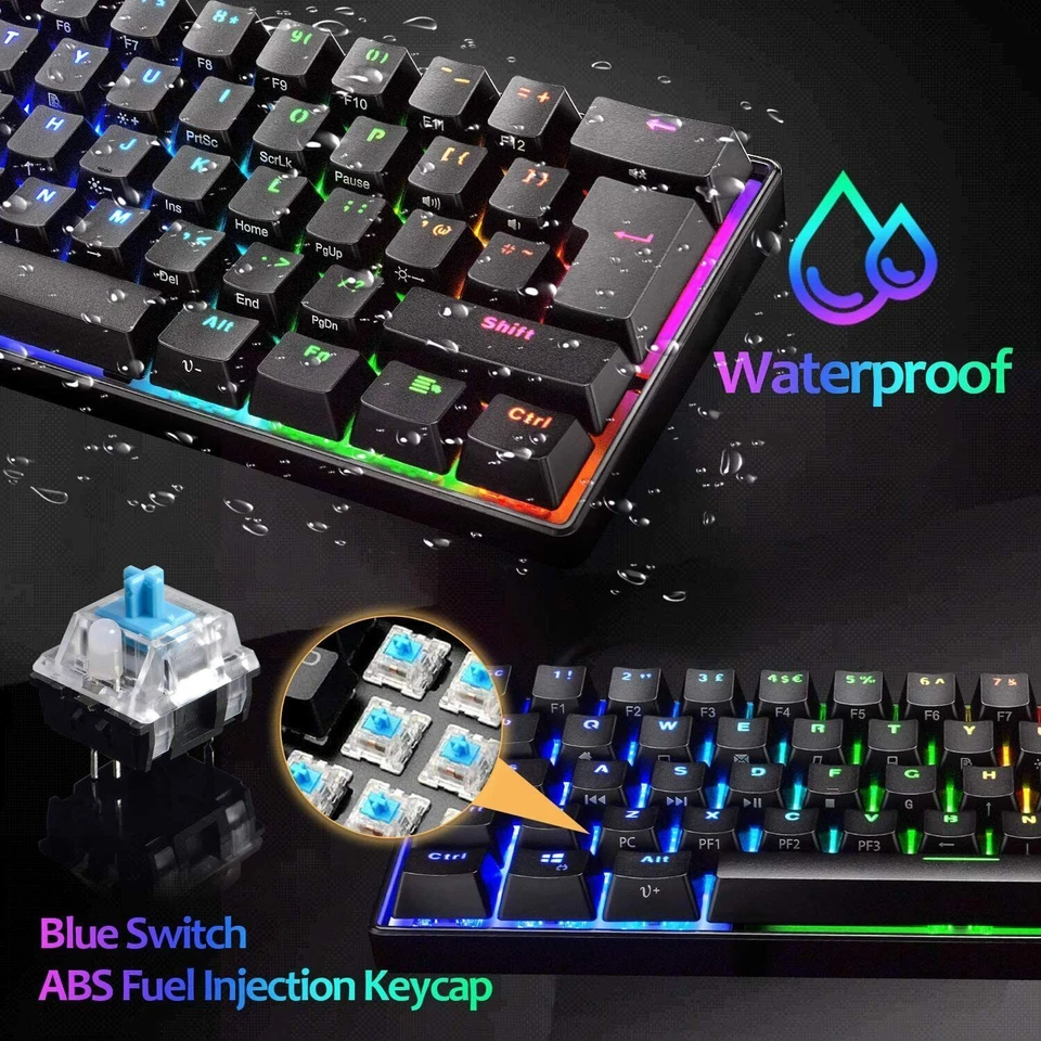 60%Mechanical USB C Wired Gaming Keyboard & 6400DPI LED RGB Backlit Blue Switch - Image 3 of 4