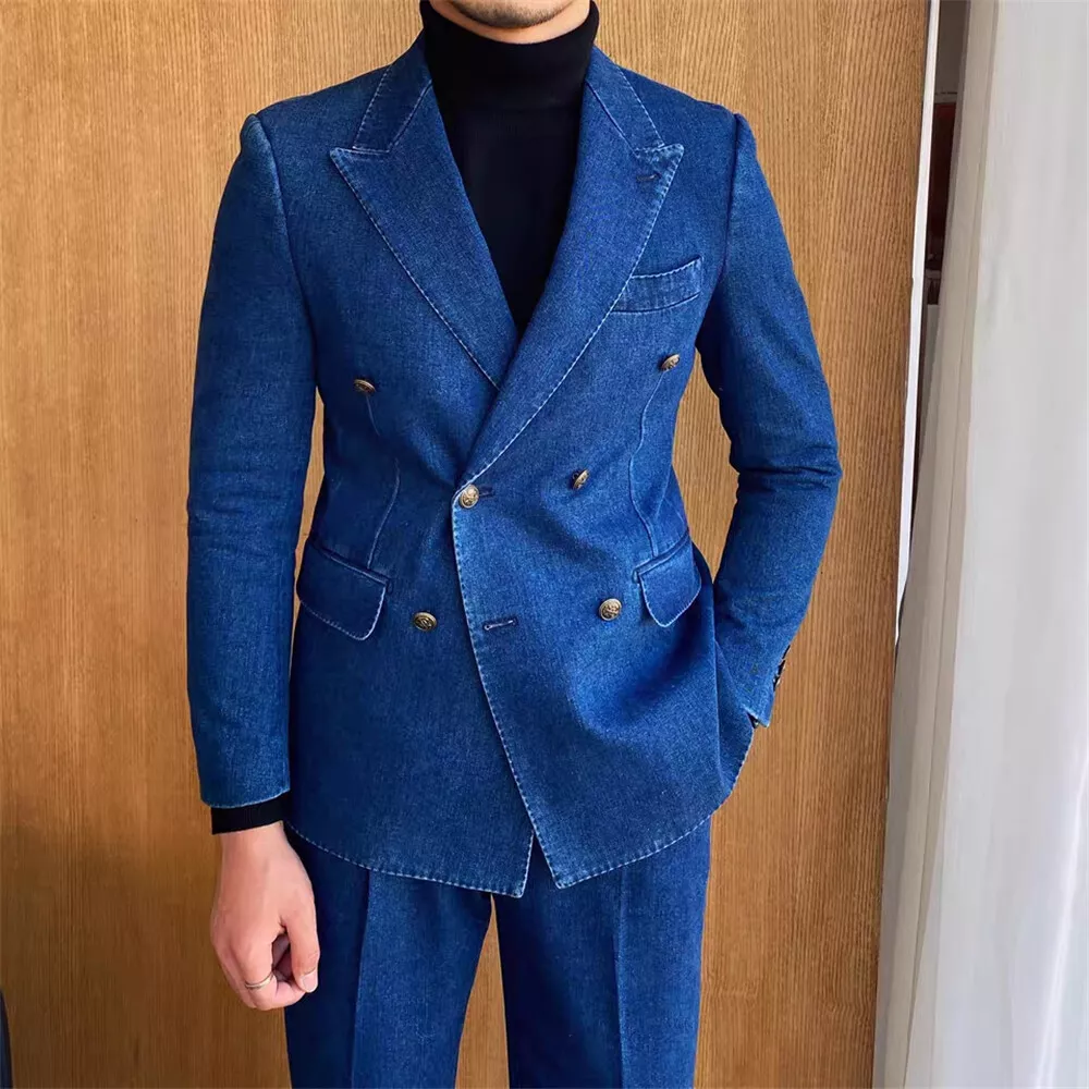 2 Piece Men's Denim Suit In Blue Double-Breasted Jacket Slim Fit Tailored  Pants