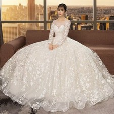 Long Sleeve Wedding Dresses O -Neck Full Lace Appliques Tulle Bride ball Gown