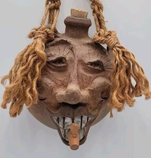Ceramic Hanging Art Face Flask Vase Rustic Primative Style Handmade Signed