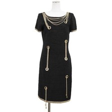 CHANEL Dress Size 40 Women 08P P33030 Dress Gold chain Tweed COCOmark charm Navy