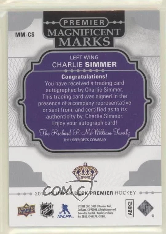 2017-18 Upper Deck Premier Magnificent Marks Charlie Simmer #MM-CS Auto - Image 2 of 2