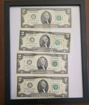#ad LOT OF 4 Framed 2017A $2 CONSECUTIVE SERIAL NUMBERS UNCIRCULATED Low Serial #s $31.99