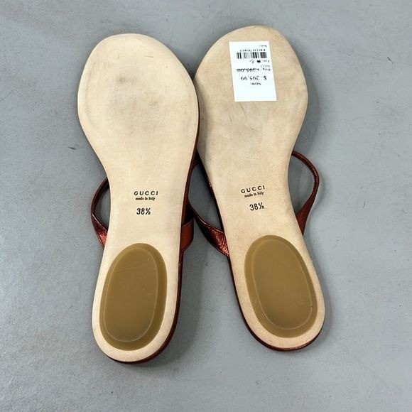 GUCCI VTG Brass Logo Embellished T Strap Leather Thong Metallic Slide Sandal Fla image 6