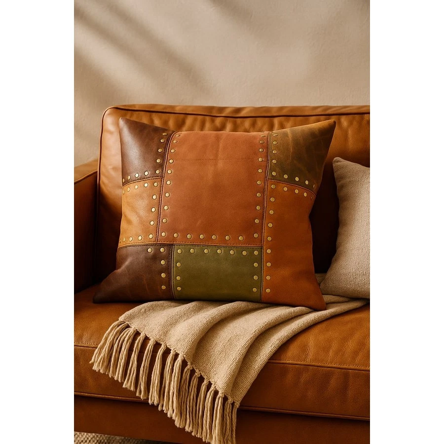 Boho Leather Cushion Cover - Handmade Rustic Tan & Olive Patchwork Pillow - Image 4 of 4