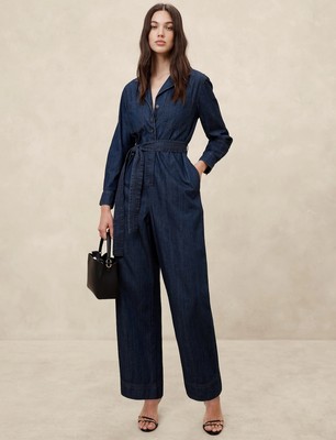 New Banana Republic Denim Tailored Jumpsuit Medium Dark Blue Long Sleeve NWT