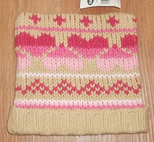 OLD NAVY BABY GIRL BEIGE WITH PINK HEARTS KNIT BEANIE HAT - SIZE 3-6 MOS. SMALL