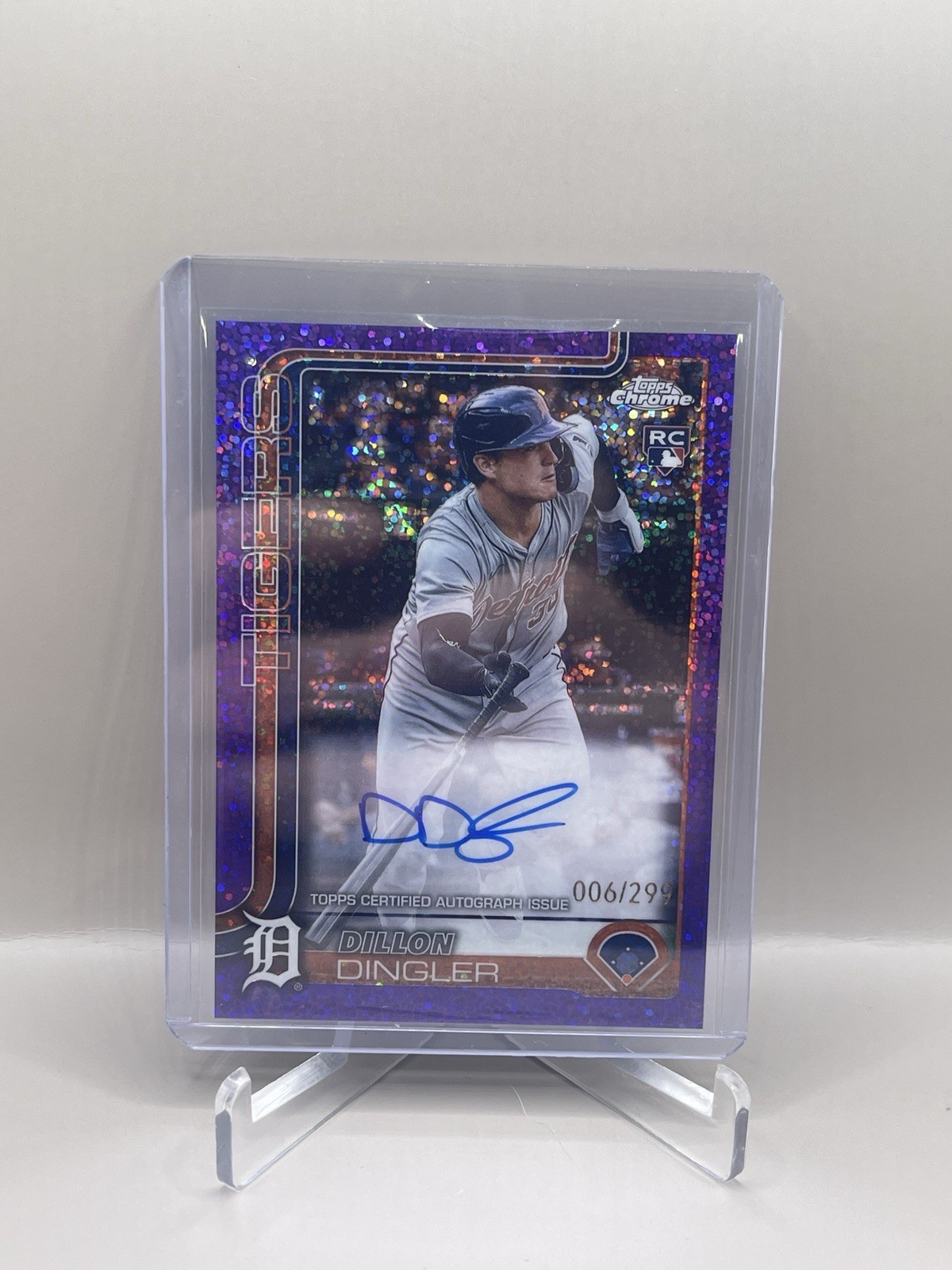 DILLON DINGLER 2025 TOPPS CHROME ROOKIE PURPLE SPECKLE RC AUTO /299 TIGERS