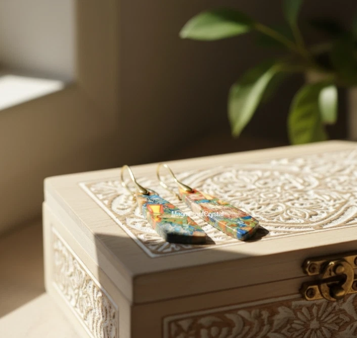 Rainbow Imperial Jasper Earrings Teardrop Dangle Healing Chakra Women Jewelry - Image 3 of 4