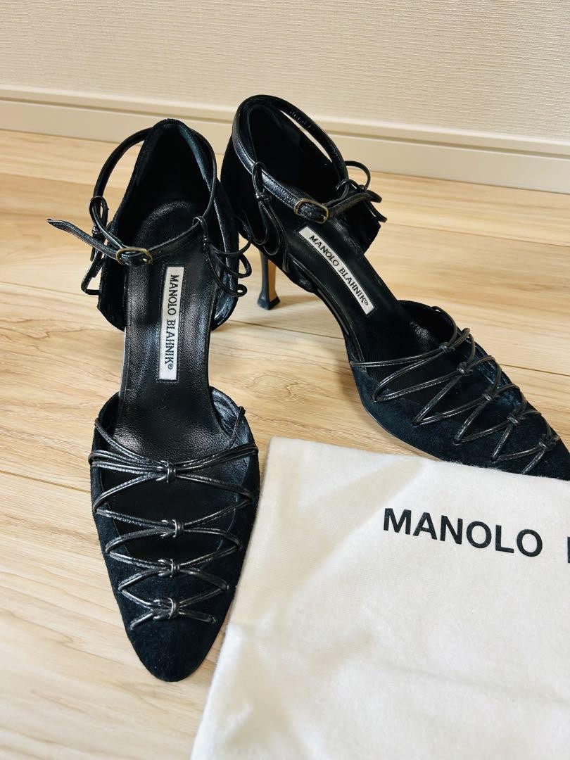 Manolo Blahnik Mules Sandals Heel Suede Black EU38/US8 Authentic