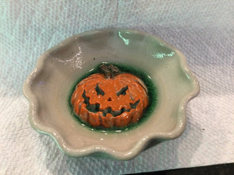 Salmon Falls Halloween pumpkin trinket dish with seaglass
