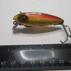 FISHING LURE HEDDON WOOD RIVER RUNT GLASS EYES GREEN & RED BACK & YELLOW