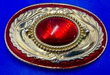 Polished Red Center Cabochon Cab on Gold Tone 30 x 40mm Western Belt Buckle