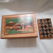 1950s Japanese Secret Puzzle Box Wood Inlay Mt Fuji Floral