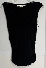 Max Studio Sz S Sleeveless Top Black  Plunge V-Neck Tank Shirred Spandex Runs XS