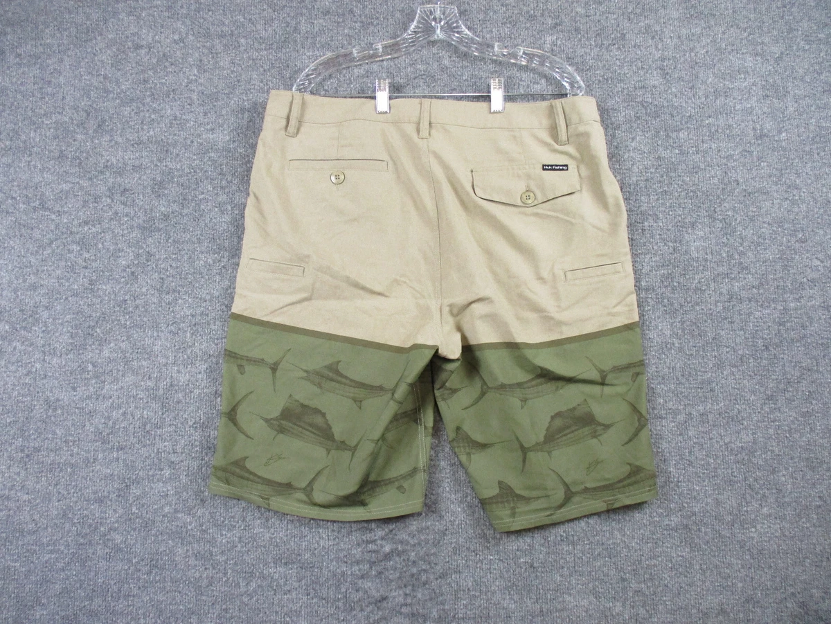 Huk Fishing Shorts Adult Size 36 Beige Green Fish Print Board Pockets Mens