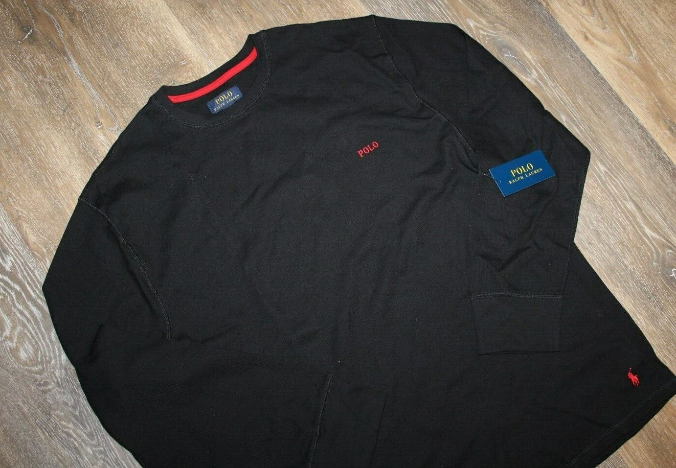 Polo Ralph Lauren uomo maglia waffle pony LS felpa maglietta nera nuova con etichetta