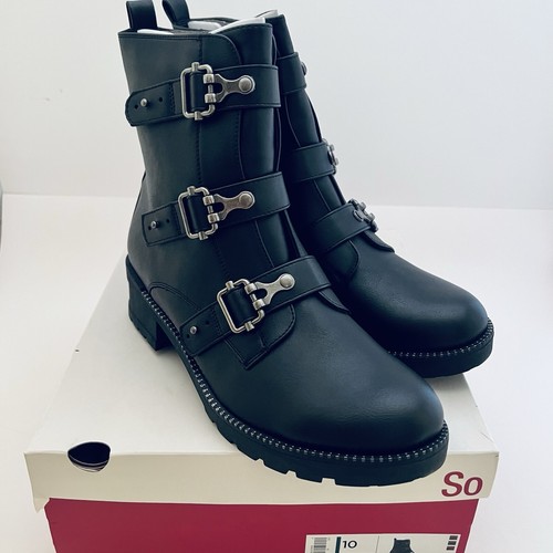 SO Boots 3 Buckle Accent Combat Women's Black Monique Size 10 Goth Biker Shoes - Picture 5 of 6