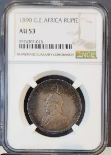 1890 GERMAN EAST AFRICA SILVER 1 RUPIE WILHELM II NGC AU 53 SCARCE HIGH GRADE
