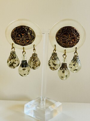 Flashy Earrings VTG Gold Frost Lucite Pierced Chunky Round Dangle