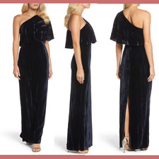 NEW $219 Adrianna Papell One-Shoulder Velvet Gown in Navy Blue [SZ 6 ] #F768