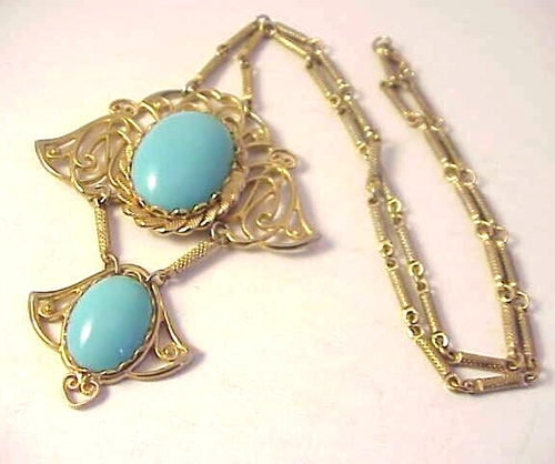 Colgante Vintage Imitación Turquesa Ovalados Cabujones Tono Dorado Articulado Sin Firmar - Imagen 3 de 8