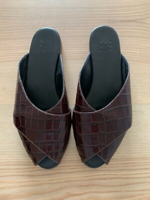 Trademark Croc Skin Leather Slides Brown Designer Shoes