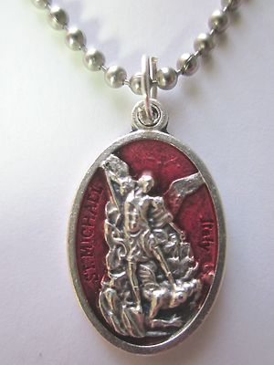 St Michael Archangel /Guardian Angel Medal w/ Red Enamel Necklace 24'' Ball Chain