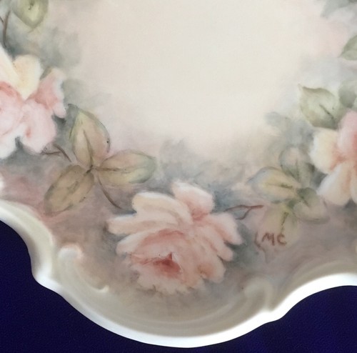Hand Painted Pale Pink Roses On Fancy Bone China Plate - Picture 3 of 3