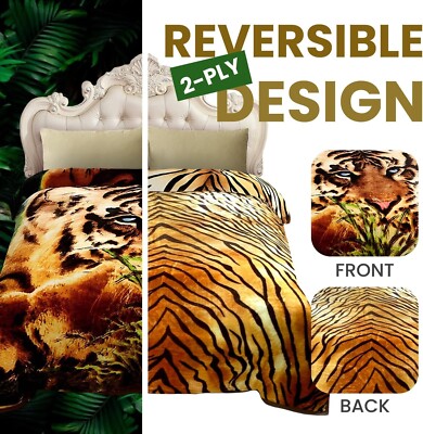 YHSF Korean Faux Mink Blanket 5 LB - 2 Ply Reversible Fuzzy Silky Super Warm and Cozy Plush Soft Embossed Blanket (Tiger/Leopard, Queen) Heavy Korean Mink Fleece King Size Blanket, Christmas Gift for