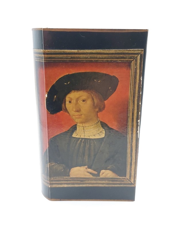 Vintage Match Box Holder Portrait Of A Man Book Shape Metal Detroit 