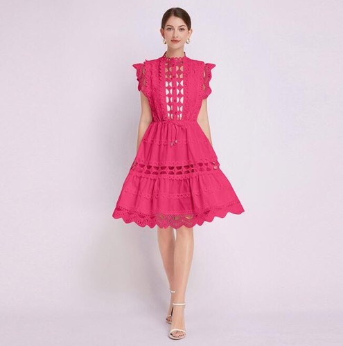 Abito da donna alla moda Guipure pizzo finto collo falbala cordino svasato - Foto 11 di 15