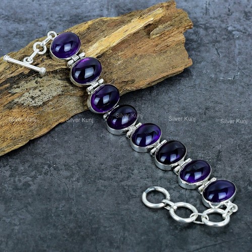 Bracelet Manchette Argent 925 Avec Améthyste Brute - Pierre Naturelle Du Brésil - Taille S-38